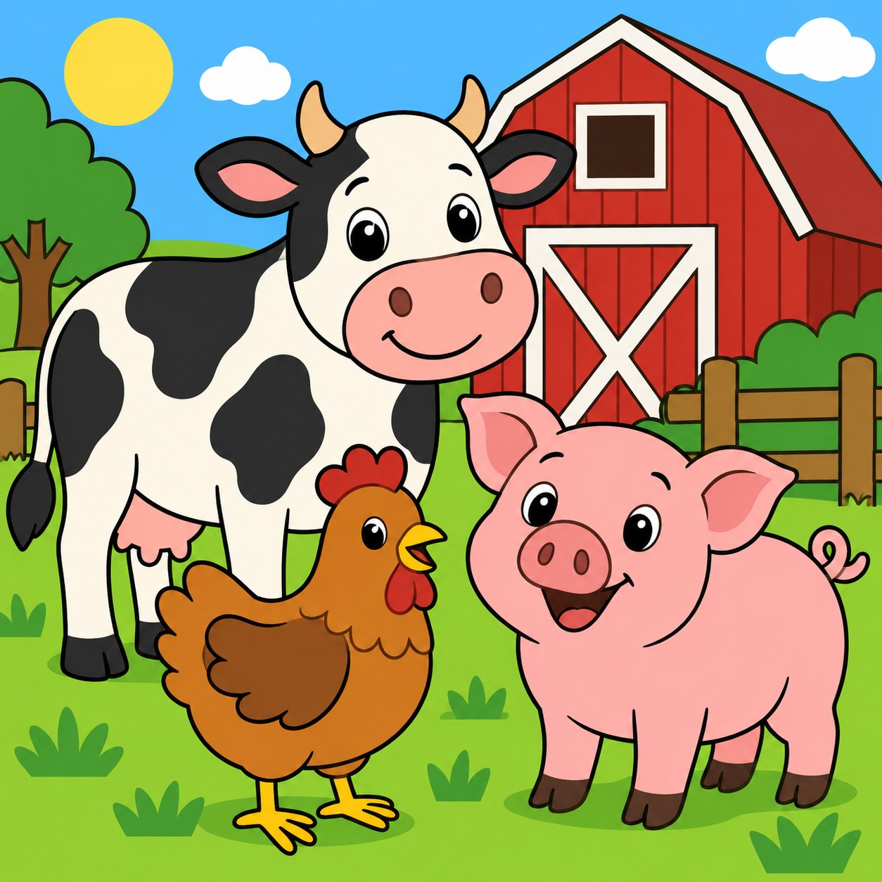 Digitaal ontwerp: zwart-witte koe, roze varken en bruine kip in het gras voor een rode schuur