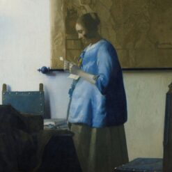 Brieflezende vrouw in het blauw van Johannes Vermeer: vrouw in een blauw jak die een brief leest in het licht van links, met een landkaart aan de muur