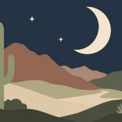 Digitaal ontwerp: woestijn bij nacht met twee saliegroene cactussen, terracotta bergen, een crèmekleurige maansikkel en sterren in een donkerblauwe lucht