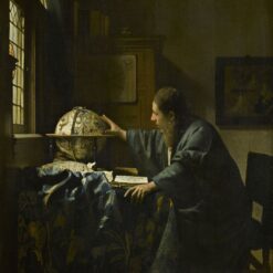 De astronoom van Johannes Vermeer: een geleerde in een blauwe kamerjas raakt bij het raam een hemelglobe aan