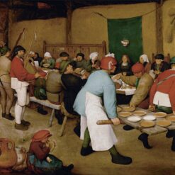 De boerenbruiloft van Pieter Bruegel de Oude: feest in een schuur, met mannen die borden pap op een deur binnendragen en een bruid voor een groen doek