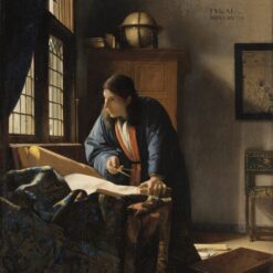 De geograaf van Johannes Vermeer: een geleerde in een blauwe mantel met een passer in zijn hand kijkt op van een kaart bij het raam