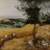 De korenoogst van Pieter Bruegel de Oude: boeren maaien graan en eten onder een perenboom, met een weids zomerlandschap tot aan de zee