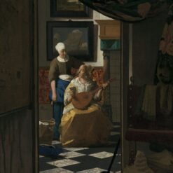 De liefdesbrief van Johannes Vermeer: door een deuropening zie je een vrouw met een cister die een brief aanneemt van haar dienstmeid, op een zwart-witte tegelvloer