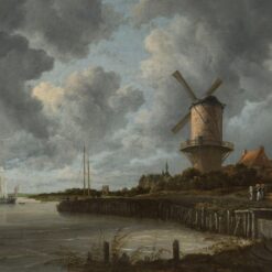 De molen bij Wijk bij Duurstede van Jacob van Ruisdael: een ronde stenen molen aan de rivier onder een grote donkere wolkenlucht, met zeilbootjes
