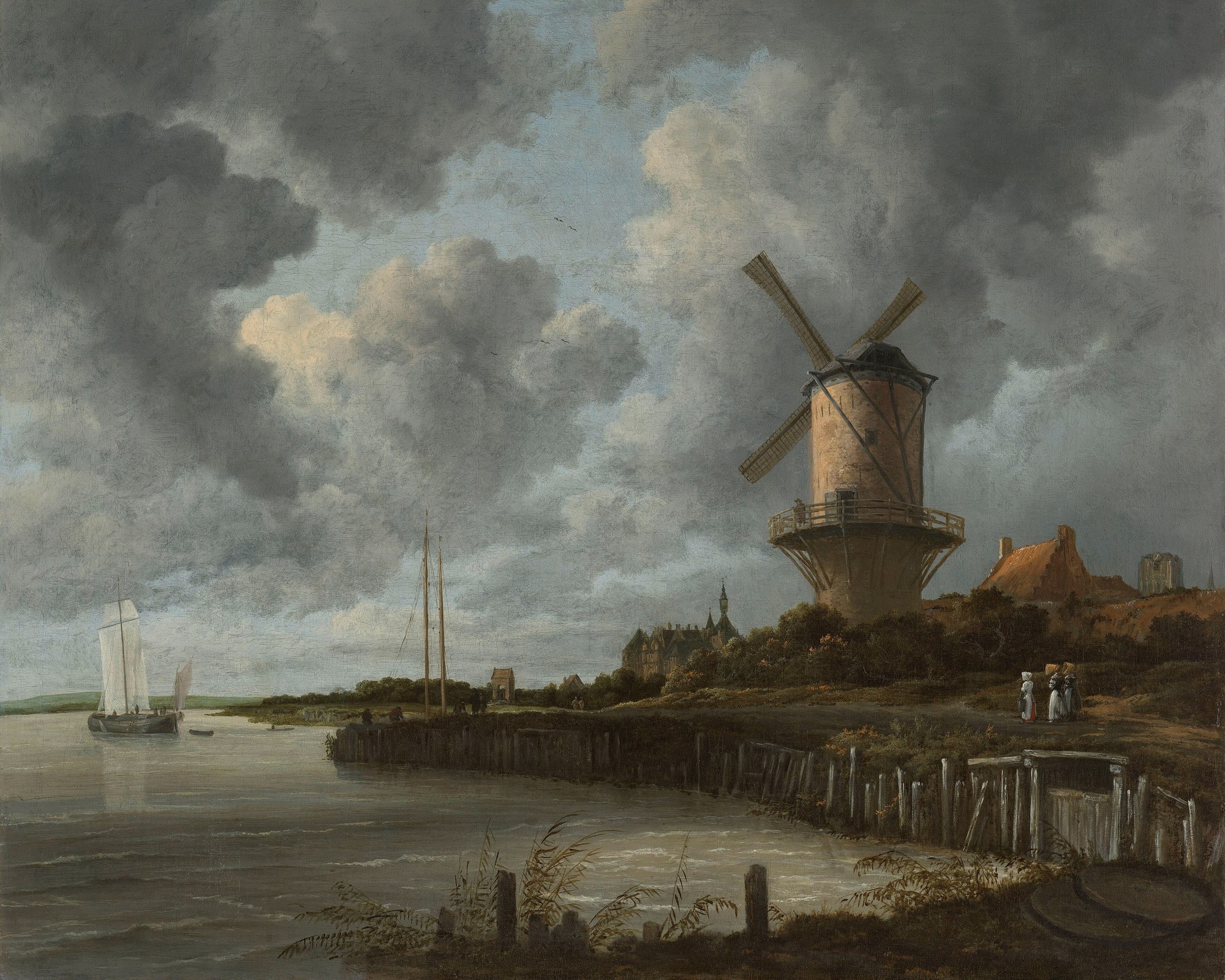 De molen bij Wijk bij Duurstede van Jacob van Ruisdael: een ronde stenen molen aan de rivier onder een grote donkere wolkenlucht, met zeilbootjes