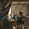 De schilderkunst van Johannes Vermeer: een schilder aan de ezel schildert een vrouw met een trompet en een boek, met een grote kaart van de Nederlanden aan de muur