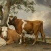 De stier van Paulus Potter: een jonge stier in een weiland bij een boom, met een koe, schapen en een boer, en een weids polderlandschap