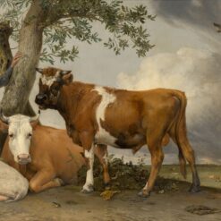 De stier van Paulus Potter: een jonge stier in een weiland bij een boom, met een koe, schapen en een boer, en een weids polderlandschap