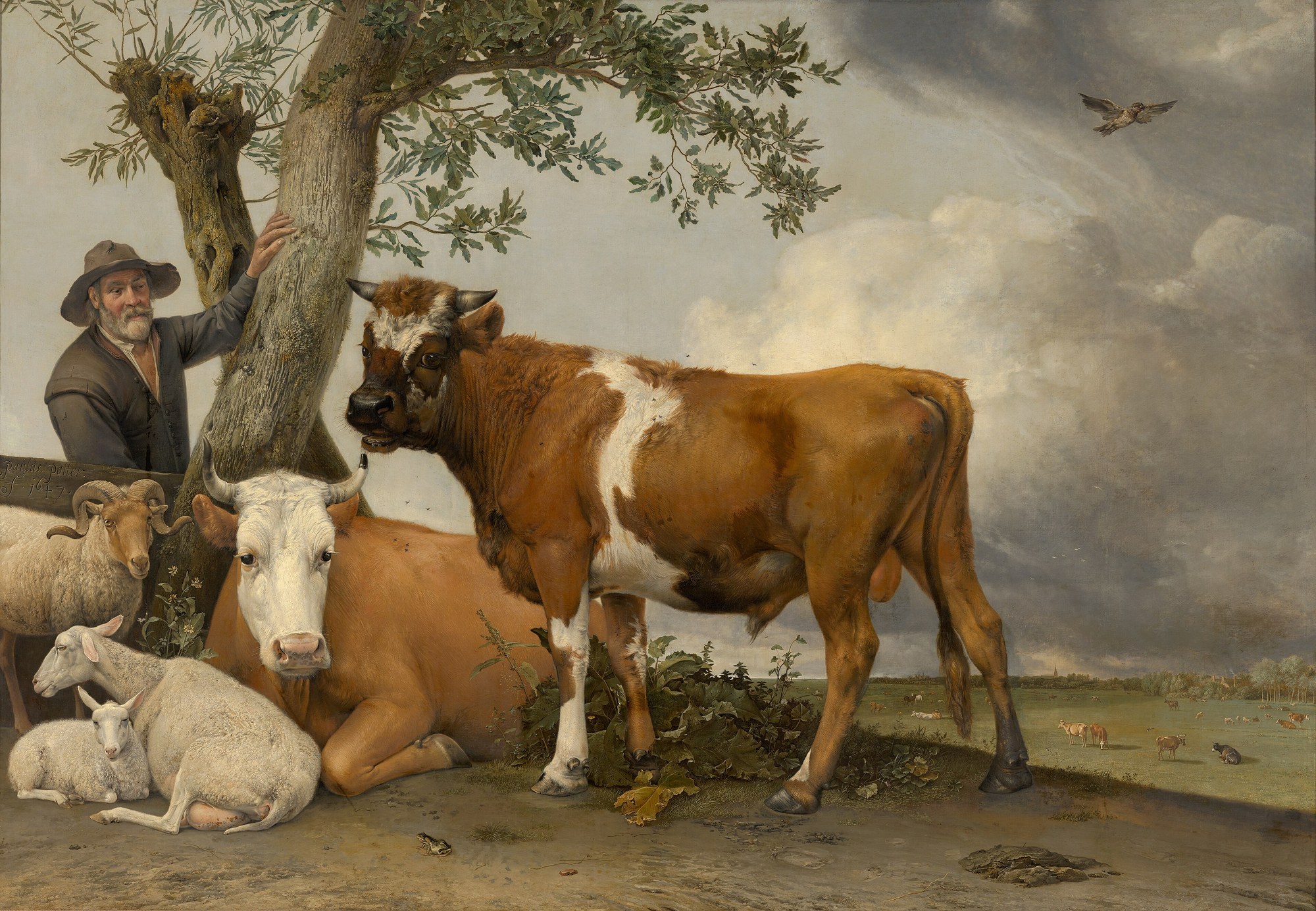 De stier van Paulus Potter: een jonge stier in een weiland bij een boom, met een koe, schapen en een boer, en een weids polderlandschap