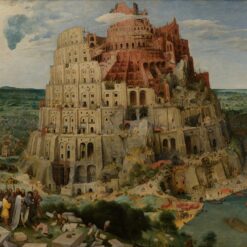 De toren van Babel van Pieter Bruegel de Oude: een enorme halfafgebouwde toren met bogen en steigers aan de zee, met een stad eromheen
