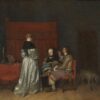 Galante conversatie, bekend als De vaderlijke vermaning, van Gerard ter Borch: een jonge vrouw in een zilveren satijnen jurk staat met haar rug naar je toe bij een zittend paar