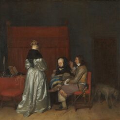 Galante conversatie, bekend als De vaderlijke vermaning, van Gerard ter Borch: een jonge vrouw in een zilveren satijnen jurk staat met haar rug naar je toe bij een zittend paar