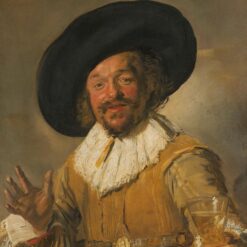 De vrolijke drinker van Frans Hals: lachende man met brede zwarte hoed en witte kraag die een glas wijn opheft