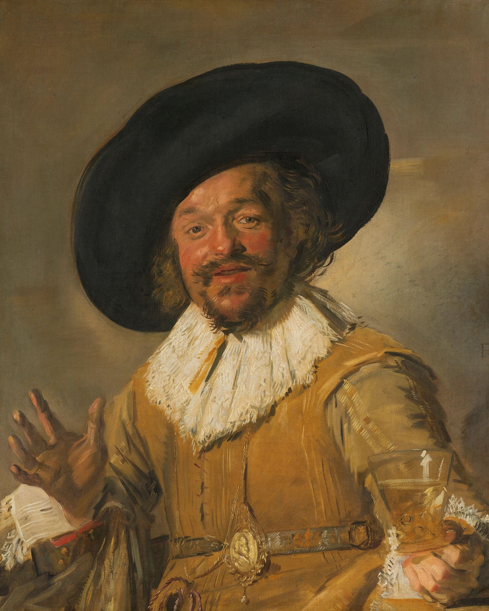 De vrolijke drinker van Frans Hals: lachende man met brede zwarte hoed en witte kraag die een glas wijn opheft