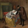 De zieke vrouw van Jan Steen: een dokter voelt de pols van een bleke jonge vrouw die voorovergebogen zit, in een kamer met een bedstee