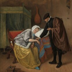 De zieke vrouw van Jan Steen: een dokter voelt de pols van een bleke jonge vrouw die voorovergebogen zit, in een kamer met een bedstee