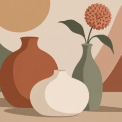 Digitaal ontwerp: stilleven van drie abstracte vazen in terracotta, crème en salie, waarvan één met een oranje bloem, voor zachte vormen en een okerkleurige zon