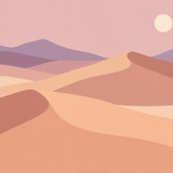 Digitaal ontwerp: zandduinen in zachte lagen perzik, zand en oudroze met lila bergen en een kleine bleke maan
