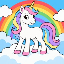 Digitaal ontwerp: witte eenhoorn met pastelkleurige manen op een wolk, met een regenboog erachter