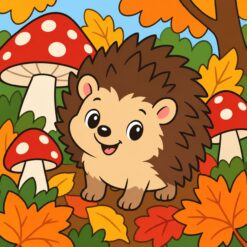 Digitaal ontwerp: klein egeltje tussen rood-witte paddenstoelen en oranje herfstbladeren