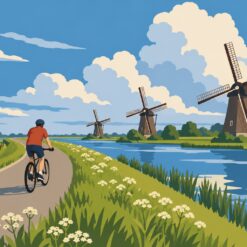 Digitaal ontwerp: fietser op een dijkweg langs een rivier met drie windmolens onder grote witte wolken