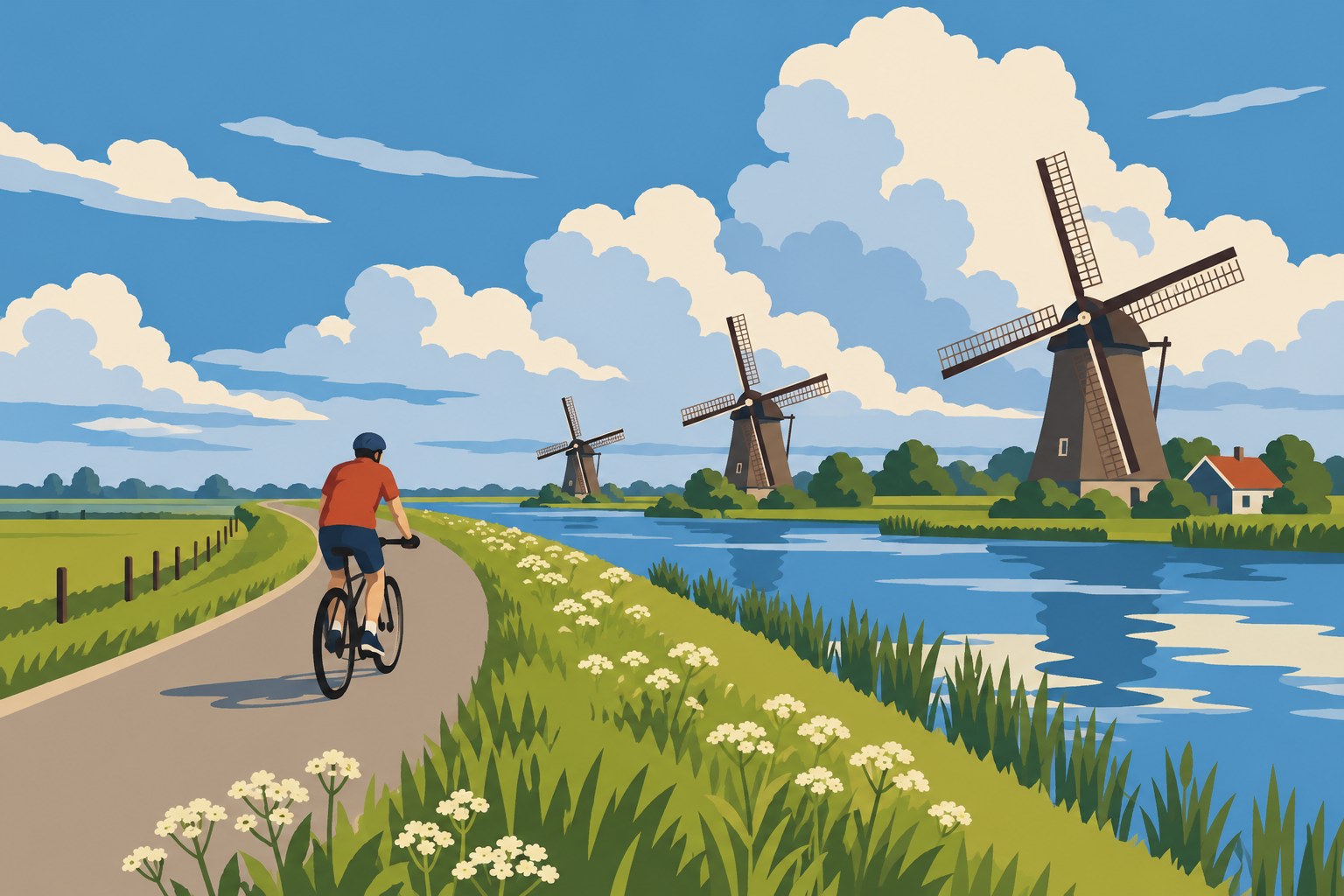 Digitaal ontwerp: fietser op een dijkweg langs een rivier met drie windmolens onder grote witte wolken