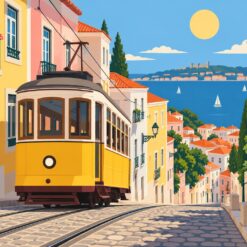 Digitaal ontwerp: gele vintage tram die een steile zonnige straat met pastelkleurige huizen en bloemen beklimt, met zee in de verte