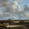 Gezicht op Haarlem met bleekvelden van Jacob van Ruisdael: een vlak landschap met stroken wit linnen op het gras en de Grote Kerk aan de horizon, onder een hoge wolkenlucht