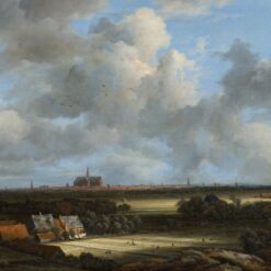 Gezicht op Haarlem met bleekvelden van Jacob van Ruisdael: een vlak landschap met stroken wit linnen op het gras en de Grote Kerk aan de horizon, onder een hoge wolkenlucht