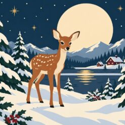 Digitaal ontwerp: jong hertje met witte stippen tussen besneeuwde dennen onder een grote volle maan, met huisjes aan het meer