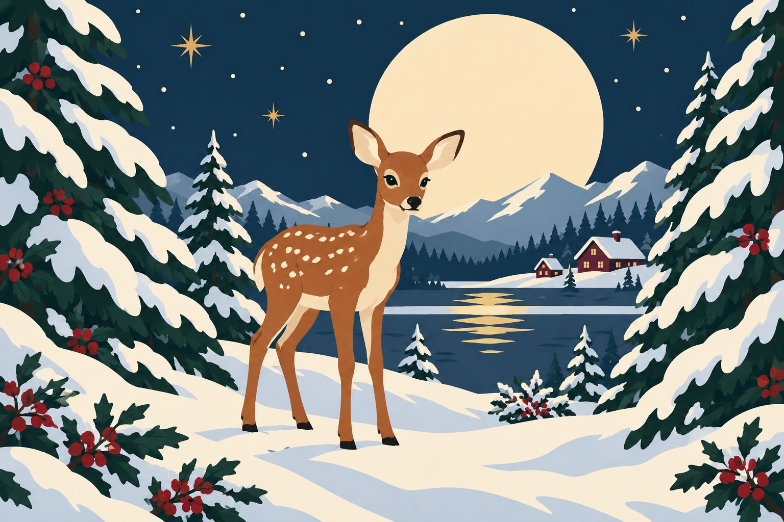Digitaal ontwerp: jong hertje met witte stippen tussen besneeuwde dennen onder een grote volle maan, met huisjes aan het meer