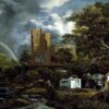 Het Joodse kerkhof van Jacob van Ruisdael: grafmonumenten bij een kerkruïne in een bos, onder een stormachtige lucht met een regenboog