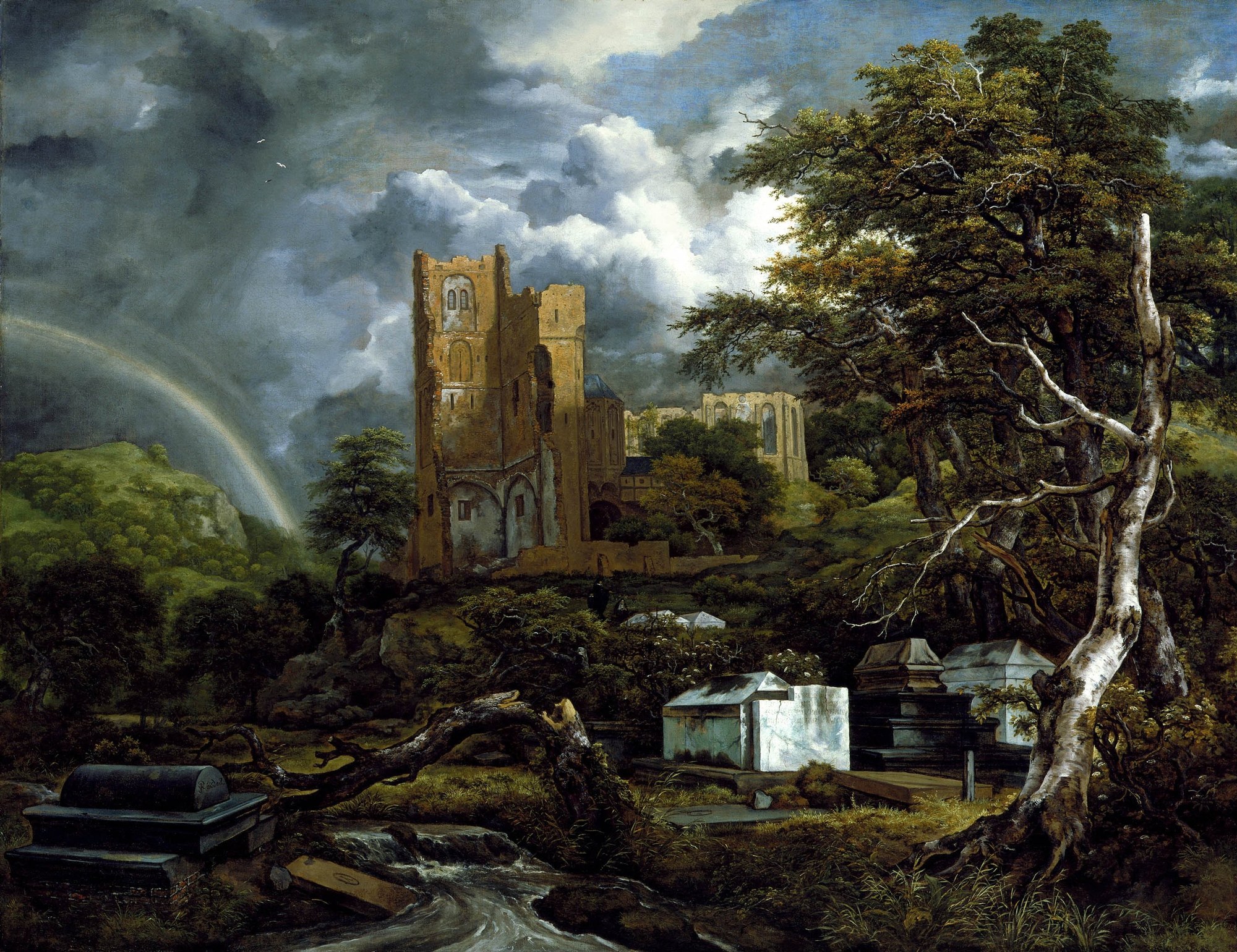 Het Joodse kerkhof van Jacob van Ruisdael: grafmonumenten bij een kerkruïne in een bos, onder een stormachtige lucht met een regenboog