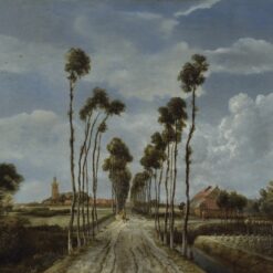 Het laantje van Middelharnis van Meindert Hobbema: een recht zandpad tussen hoge, kale bomen naar het dorp, met boomgaarden en een kerktoren