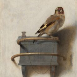 Het puttertje van Carel Fabritius: een klein distelvinkje op een voederbakje aan een lichte muur, vastgemaakt aan een kettinkje