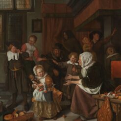 Het Sint-Nicolaasfeest van Jan Steen: een gezin op 5 december, een meisje met een pop en een emmertje, een huilende jongen en een oma die wenkt