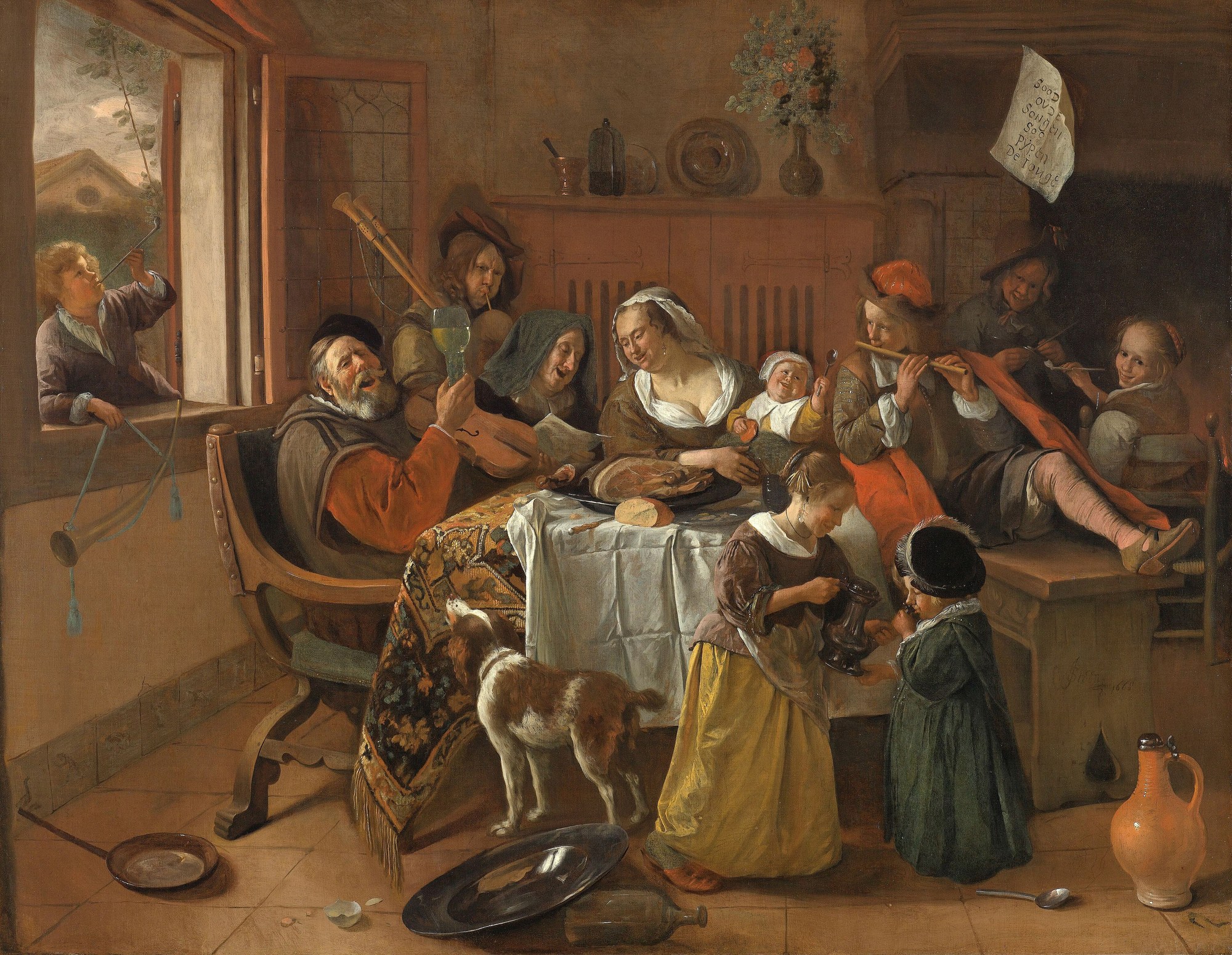 Het vrolijke huisgezin van Jan Steen: een familie aan tafel die zingt, drinkt en muziek maakt, terwijl de kinderen meedoen