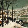 Jagers in de sneeuw van Pieter Bruegel de Oude: jagers met honden lopen door de sneeuw boven een dal met bevroren vijvers vol schaatsers