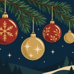 Digitaal ontwerp: vier rode en gouden kerstballen, één met een sneeuwvlok en één met sterren, aan een dennentak tegen een donkerblauwe lucht