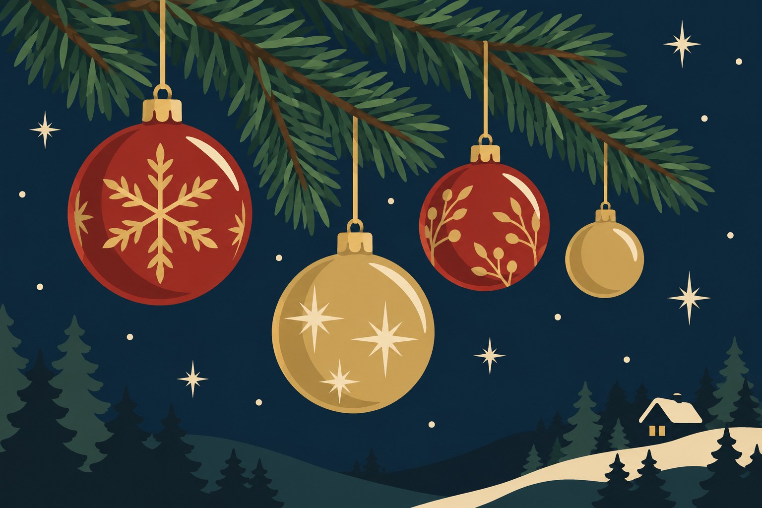 Digitaal ontwerp: vier rode en gouden kerstballen, één met een sneeuwvlok en één met sterren, aan een dennentak tegen een donkerblauwe lucht