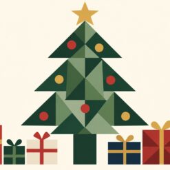 Digitaal ontwerp: kerstboom opgebouwd uit groene driehoeken met rode ballen en een gouden ster, cadeautjes eronder, op een crème achtergrond