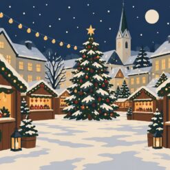 Digitaal ontwerp: kerstmarkt met houten kraampjes, lichtslingers en een versierde kerstboom op een besneeuwd plein bij avond