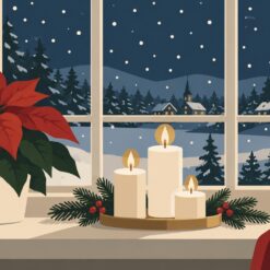 Digitaal ontwerp: rode kerstster in een pot en drie kaarsen op een vensterbank, met sneeuw en dennen buiten het raam