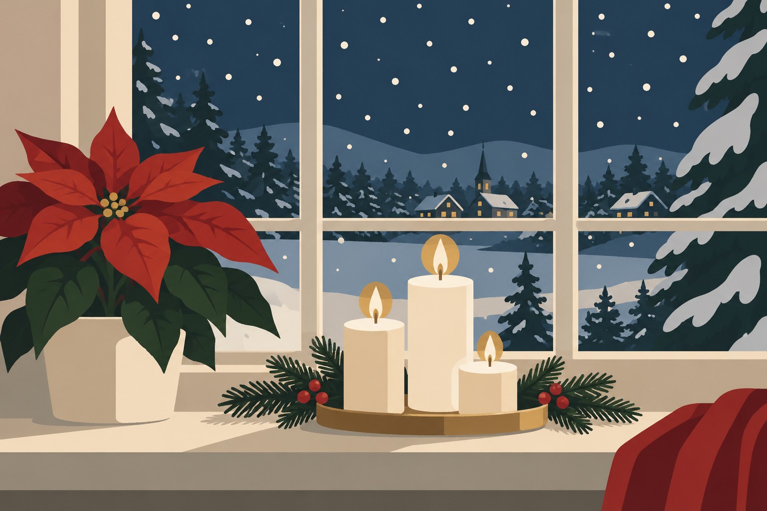 Digitaal ontwerp: rode kerstster in een pot en drie kaarsen op een vensterbank, met sneeuw en dennen buiten het raam