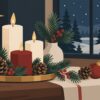 Digitaal ontwerp: kerststilleven met witte en rode kaarsen, dennentakken en dennenappels op een schaal bij een raam met sneeuw