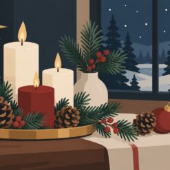Digitaal ontwerp: kerststilleven met witte en rode kaarsen, dennentakken en dennenappels op een schaal bij een raam met sneeuw