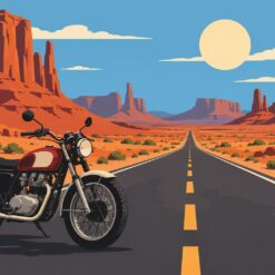 Digitaal ontwerp: klassieke motor op een lege rechte weg door een woestijn met rode rotsen en een bleke zon