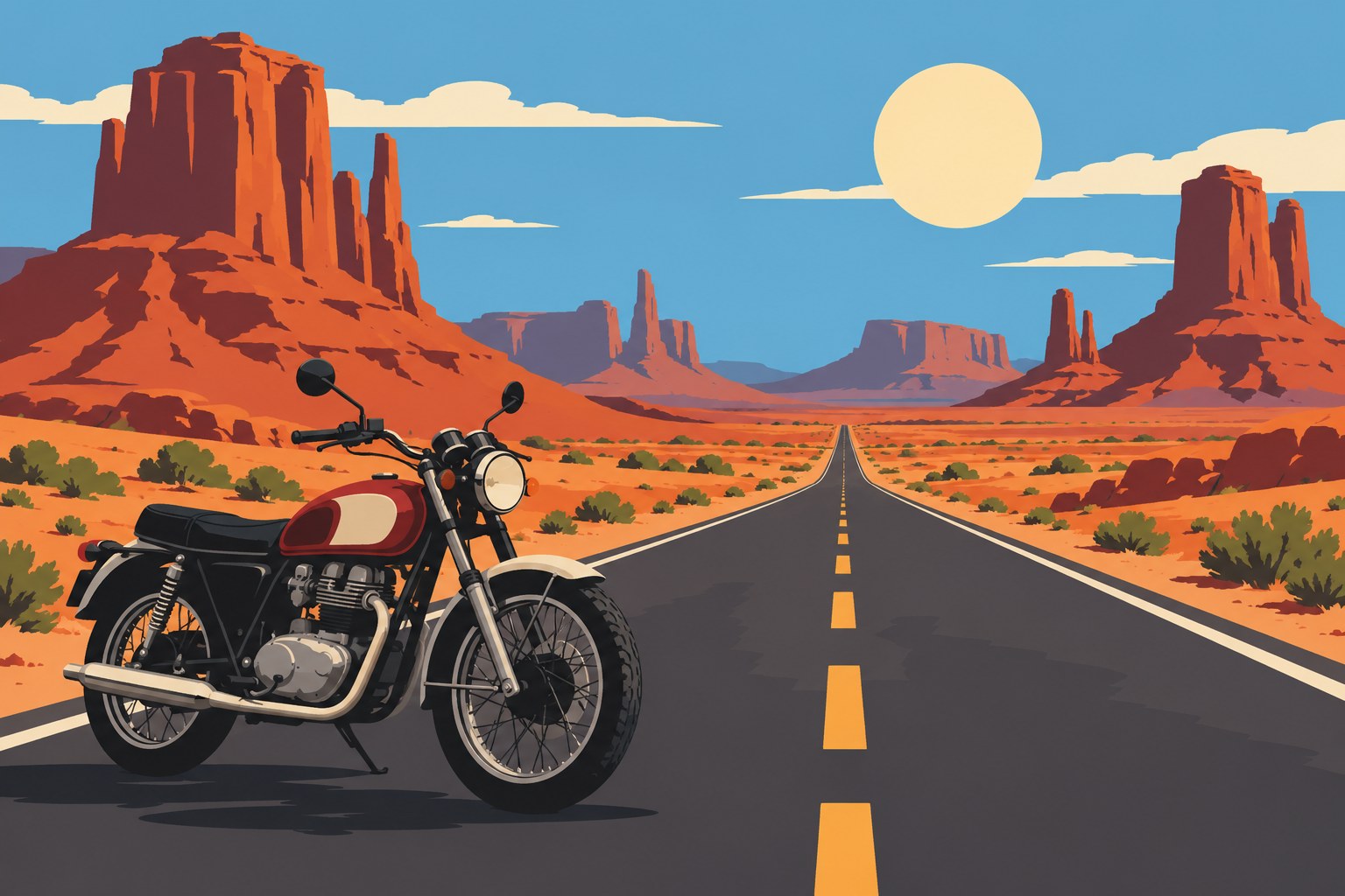 Digitaal ontwerp: klassieke motor op een lege rechte weg door een woestijn met rode rotsen en een bleke zon