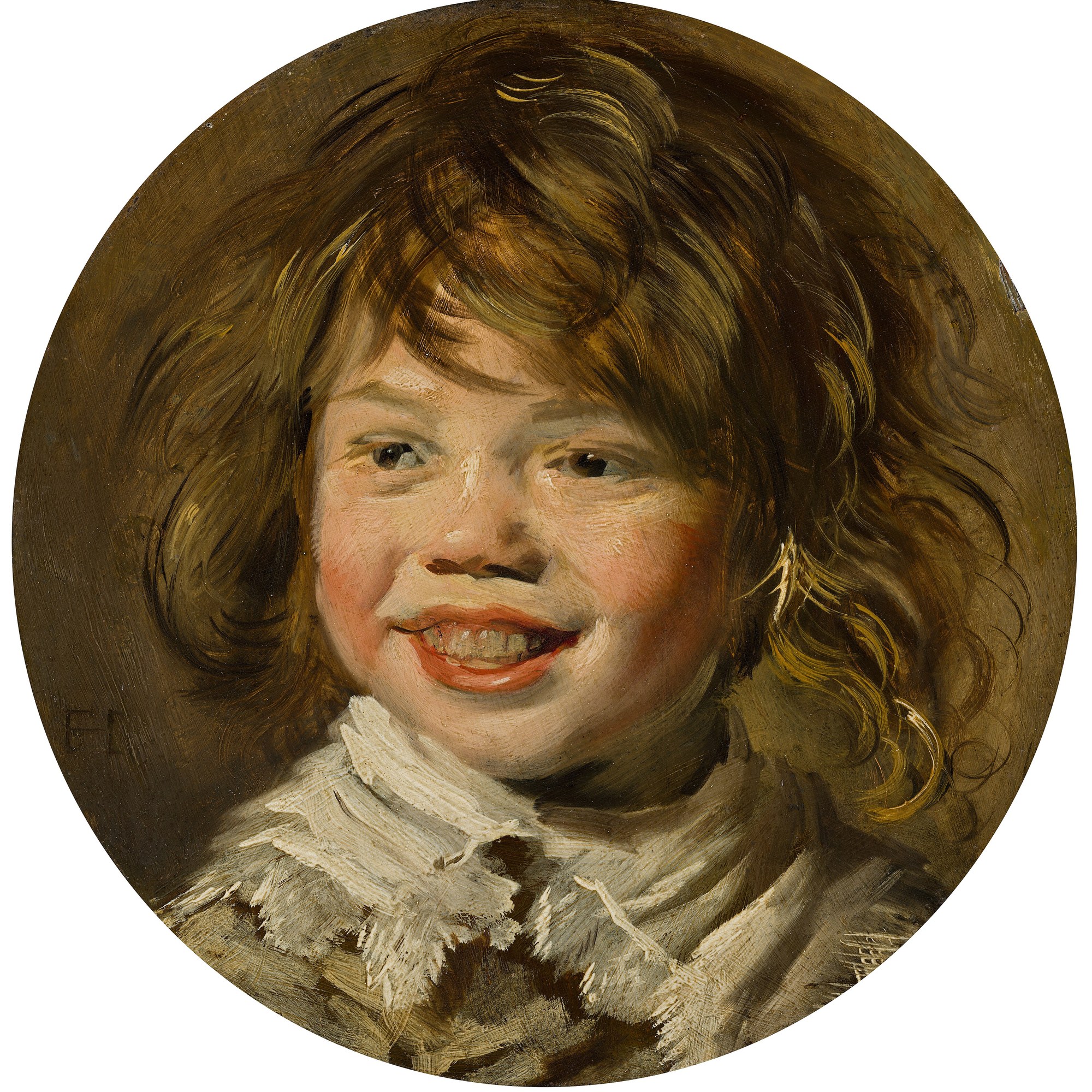 Lachende jongen van Frans Hals: een rond schilderij van een jongen met warrig rossig haar die breed lacht